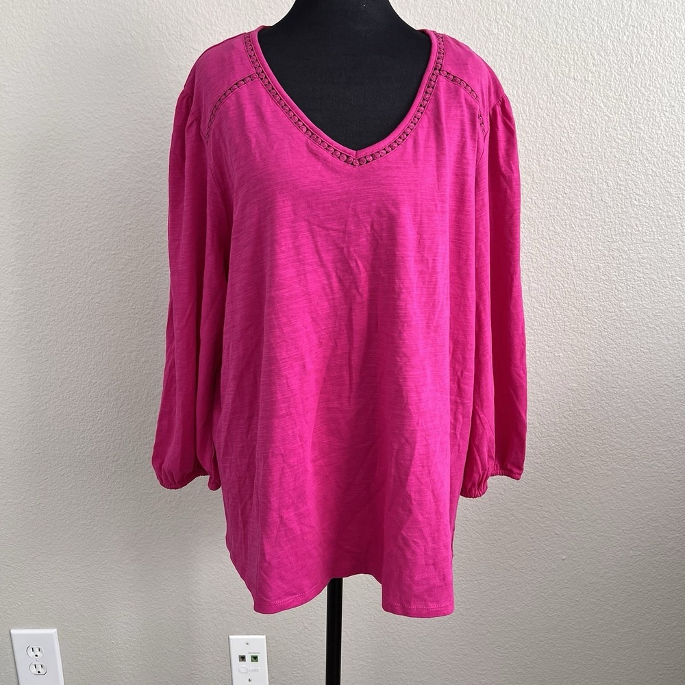 XXL Top Tunic Tee 3/4 Sleeve Casual Crochet Trim NWT Cotton Pink St. John's Bay - Picture 2 of 8